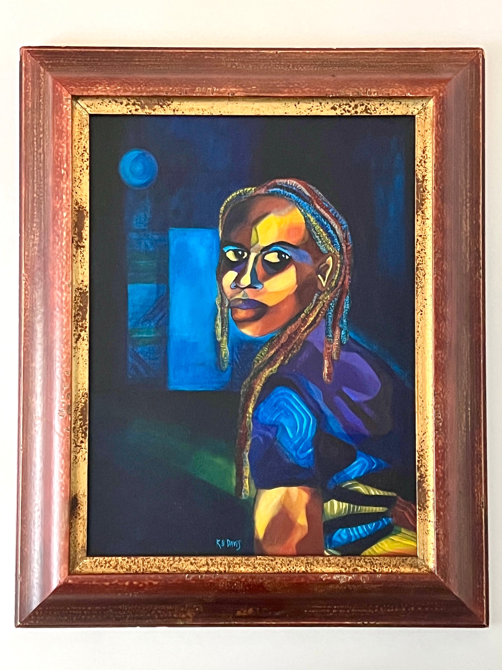 An original acrylic on canvas painting titled 'Amel's Journey', featuring a portrait of a woman with blue and purple hues, framed and ready to hang.