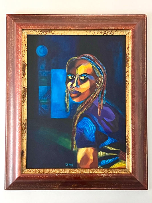 An original acrylic on canvas painting titled 'Amel's Journey', featuring a portrait of a woman with blue and purple hues, framed and ready to hang.