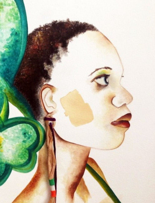 Art print featuring an illustration of a woman with a shamrock headpiece, predominantly green and brown tones, signed and dated.
